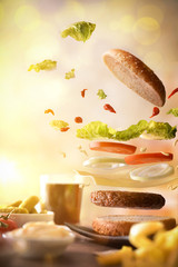 Wall Mural - Snack with burger flying for a moment of entertainment