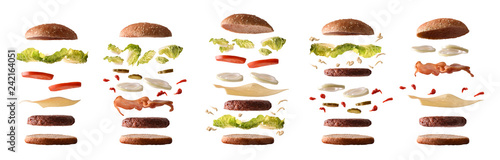 Fotografía Set of different burgers with ingredients by layers white isolated