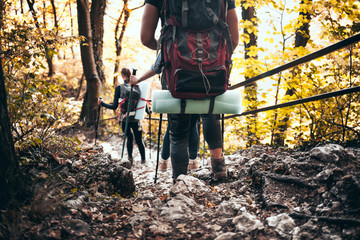 Wall Mural - travelers while trekking with backpacks on rocky forest trail