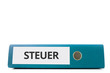 © Eigens - blauer liegender Aktenordner mit Beschriftung steuer vor hellem Hintergrund