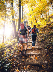 Wall Mural - group of friends with backpacks trekking together and climbing in forest