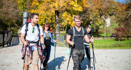 Wall Mural - authentic group of friends on tourist trip walking with backpacks and trekking sticks