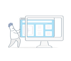 New website template launch, ux ui design updates, changing website design. Outline cartoon man uploading new website theme to computer monitor display