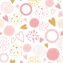 Vector Seamless Pink Pattern Heart Ornament Decorated Pink Hand Drawn Round Shapes Pyjama Print