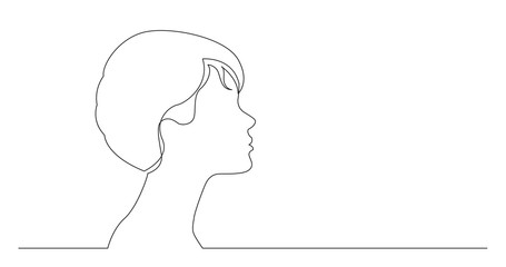 profile portrait of young elegant style woman - continuous line drawing on white background