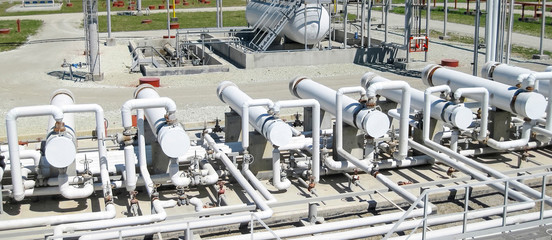 Heat exchangers in a refinery. The equipment for oil refining