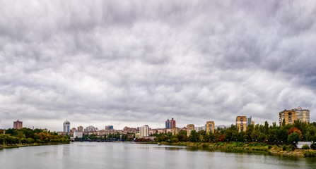 View of the embankment in Donetsk in rainy and cloudy weather in autumn 2