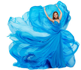 woman blue dress, fashion model dancing in long waving gown, fabric flying and fluttering
