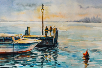 Two men fishing at dusk at the pier. Picture created with watercolors