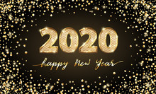 Golden Vector Luxury Text 2020 Happy New Year. Gold Festive Numbers Design. Gold Glitter Confetti. Banner 2020 Digits