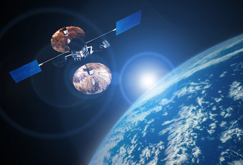 Wall Mural - sattelite in space above earh is orbiting the planet future technology b. elements of this image fur