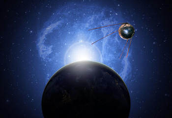 Wall Mural - sattelite in space above earh is orbiting the planet future technology b. elements of this image fur