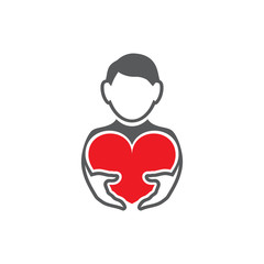 Vector illustration an avatar of the young man who holds red heart. Set of vector symbols. Recognition of the guy or man in love. Flat design Monochrome