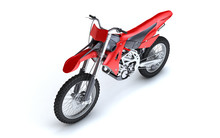 3D Illustration Of Red Glossy Sports Motorcycle Isolated On White Background. Perspective. Front Side View. High Angle View. Left Side