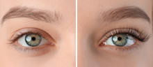 Young Woman With Beautiful Eyelashes, Closeup. Before And After Extension Procedure
