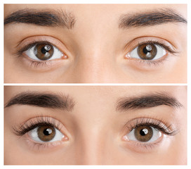 Sticker - Young woman before and after eyelash extension procedure, closeup