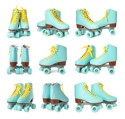 Wall Mural - Set with stylish quad roller skates on white background