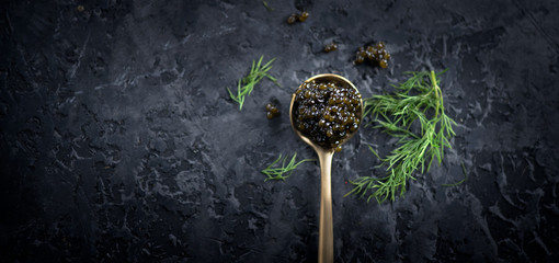 Wall Mural - Black caviar in a spoon on dark background. Natural sturgeon black caviar closeup. Delicatessen. Top view, flatlay