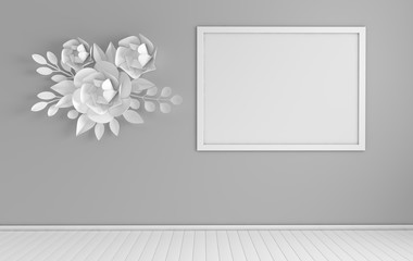 Mock up photo frame in modern interior. Paper flowers and leaves bouquet wall decoration. 3d render. Cosy room with empty poster mockup for text