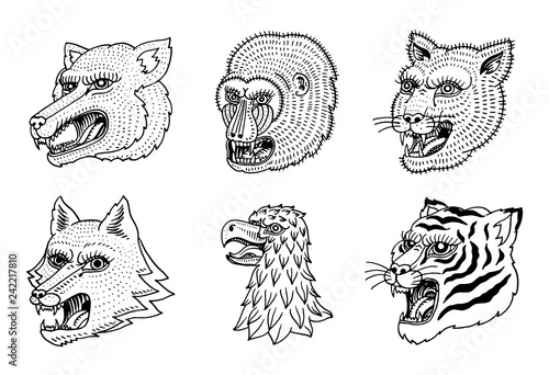 Head Of Wild Animal Predator Puma Wolf Fox Tiger Eagle Falcon Monkey Face Japanese Style Portraits Hand Drawn Engraved Monochrome Old Sketch For Retro Logos Close Up Buy This Stock Vector