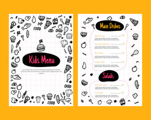 Colorful Kids menu in doodle style. Flyer layout template. Fresh food card with Cute vector illustrations.