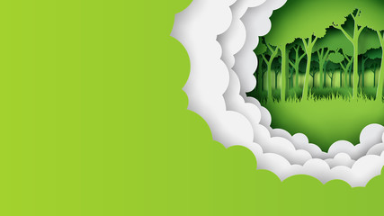 Aufkleber - Eco green nature forest banner and template background.Ecology and environment conservation creative idea concept paper art style.Vector illustration.