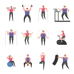 A set of people exercising with various exercise equipment concept illustration. flat design vector graphic style.