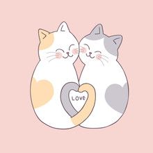 Cartoon Cute Valentines Day Couple  Cats Vector.