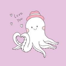 Cartoon Cute Valentines Day Octopus And Heart Vector.