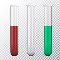 Set of realistic illustration of three test tube with red blood or green fluid, isolated on transparent background, vector