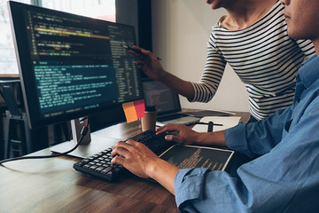 Wall Mural - programmer working in a software development and coding technologies. website design.technology conc