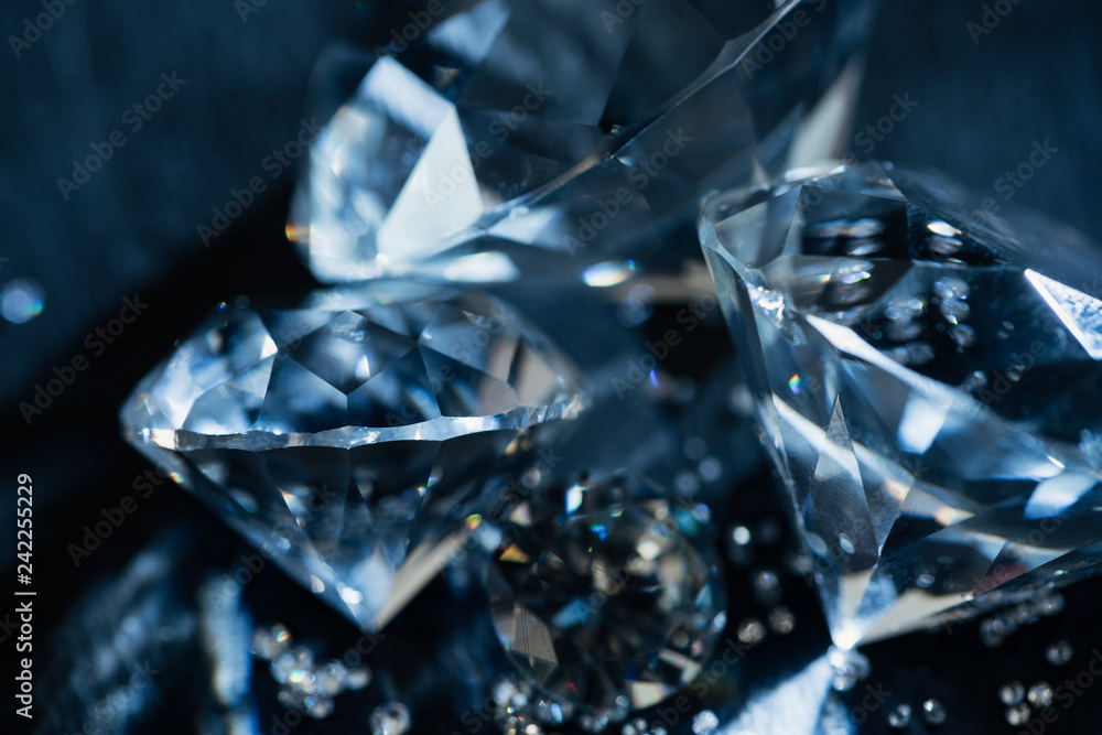 close up of transparent pure diamonds on black background - obrazy, fototapety, plakaty 