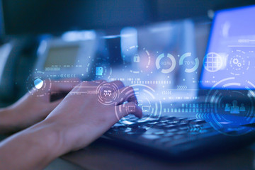 Wall Mural - close up businessman hand typing or working on laptop for programming about cyber security , advance