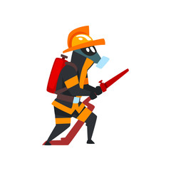 Wall Mural - Fireman in a protective mask with fire hose, firefighter character in uniform vector Illustration on a white background