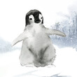 Young emperor penguin in the snow watercolor vector