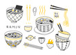 Doodle Ramen. Various noodles and other objects. Hand drawn vector set. All elements are isolated