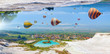 Amazing fantastic unreal world, hot air balloons fly in blue sky