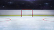 ice hockey stadium goal gate front general view and camera flashes behind, hockey and skating stadium indoor 3D render illustration background