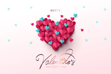 Happy Valentines Day festive Design banner, greeting card or poster. Vector illustration of Love. Big Heart made of small blue and pink origami hearts flying in the sky. Paper art, digital craft style