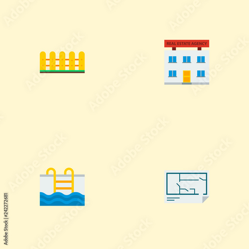 Set Of Property Icons Flat Style Symbols With Fence Floor Plan