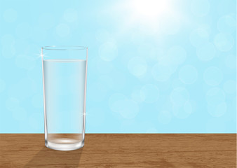 Wall Mural - Realistic glass of water on wooden table on blurred blue bokeh background, vector illustration 3d