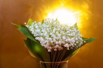 Wall Mural - bouquet of lily of the valley in a transparent glass. Contour lighting golden light