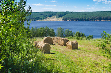 Wall Mural - beautiful summer landscape with sloping meadow, hay, forest and river with blue sky with clouds.