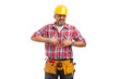 © Thunderstock - Builder touching diaphragm for stomach pain.