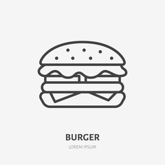 Burger flat line icon. Vector thin sign of fast food cafe logo. Hamburger, sandwich illustration