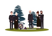 Men And Women Dressed In Mourning Clothes Standing Near Grave With Tombstone And Wreath. Grieving People Or Family On Graveyard Or Cemetery. Colorful Vector Illustration In Flat Cartoon Style.