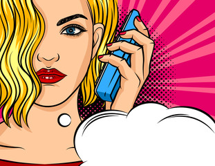 Wall Mural - Colorful vector poster in the style of pop art. The girl speaks by phone. Beautiful young woman holding a telephone receiver near the ear. Girl with red lips and blond hair answers the call