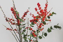 Christmas Themed Bunch Of Flowers With Eucalyptus Red Holly Berries And Cotton