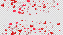 Red Hearts Of Confetti Are Falling. Red On Transparent Background Vector. Design Element For Wallpaper, Textiles, Packaging, Printing, Holiday Invitation For Birthday. Stylish Background.