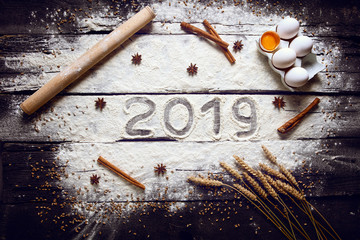 Wall Mural - Still life with bread, flour and spikelets